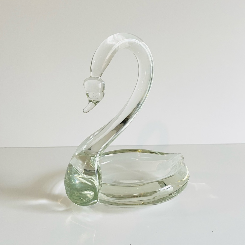 Vintage Clear Art Glass Swan Ring Holder Trinket Dish